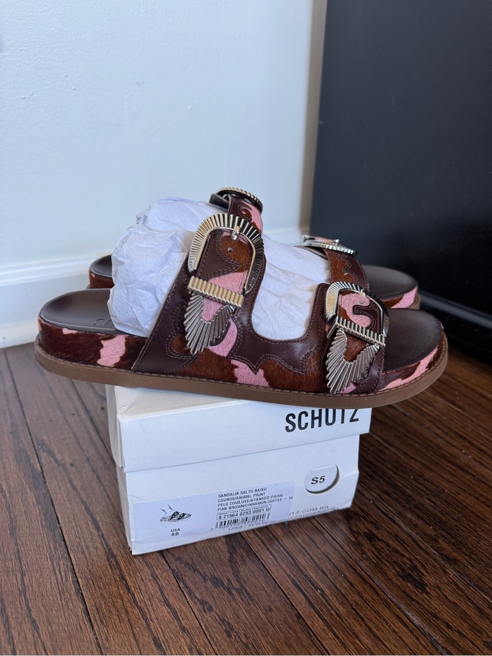 Schutz Brown + Pink Cow Hair Western style Slide Sandal